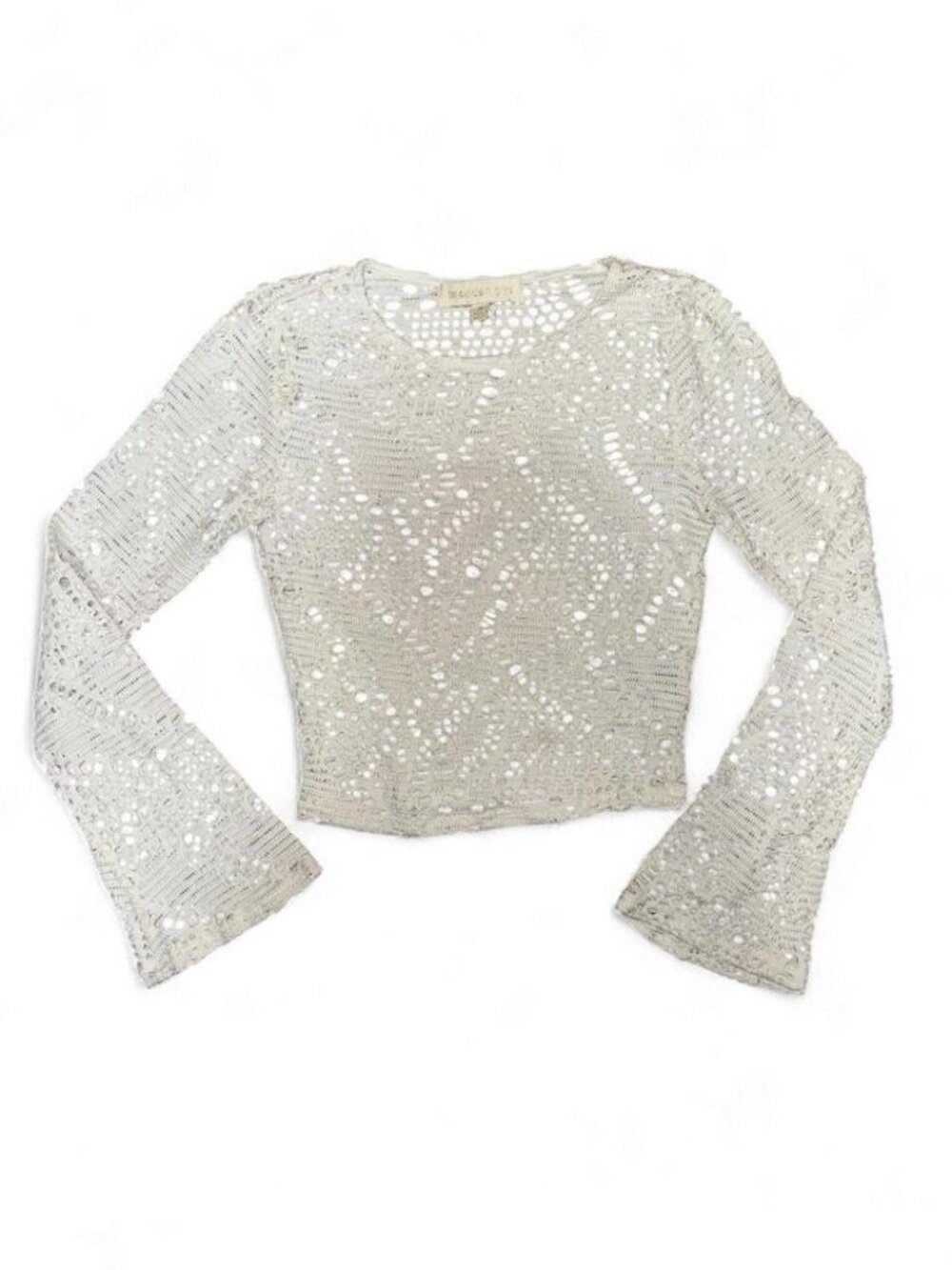 Madden Girl White Crochet Long Sleeve Bell Sleeve Open Knit Crop Top